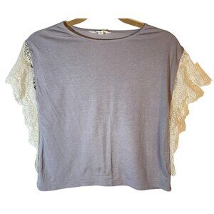 Energie short sleeve shirt lace ruffle arm gray polyester blend extra small READ